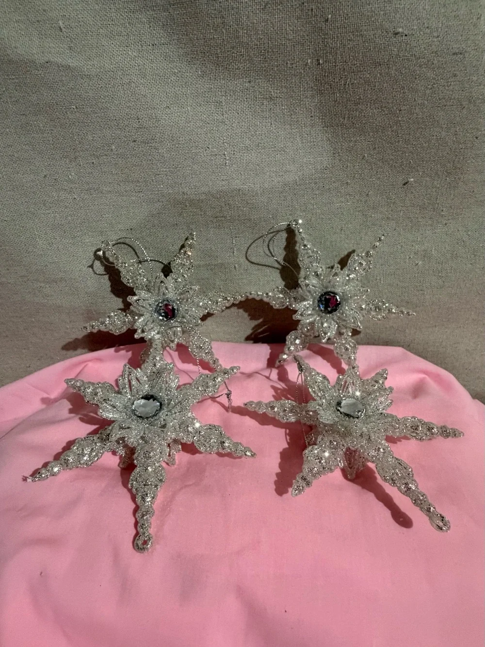 Clear silver Beaded Snowflake Hanging Ornaments - Set of 4